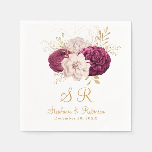 Blush Burgundy Gold Floral Monogram Wedding Paper Serviette (Vorderseite)