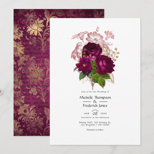 Blush Burgundy Gold Shabby Floral Wedding QR Code Einladung (Vorne/Hinten)