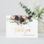 Blush Burgundy Navy Blume Danke Imitats Gold Einladung (Stehend Vorderseite)