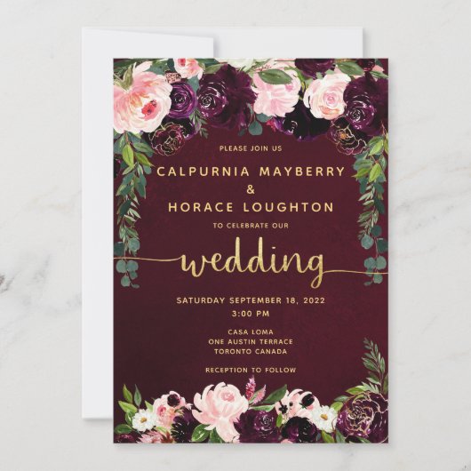 Blush Burgundy Parade Gold Calligraphy Wedding Einladung (Vorderseite)