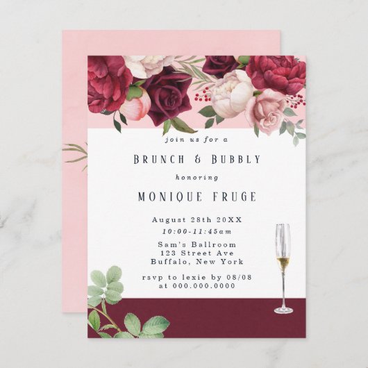 Blush Burgundy Peony Chic Brunch & Bubbly Einladun Einladung (Vorne/Hinten)