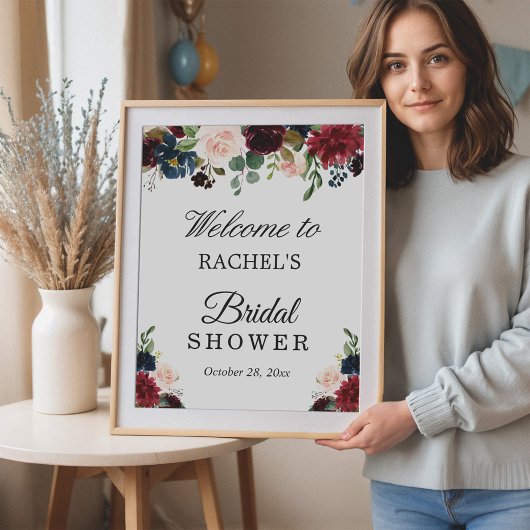 Blush Burgundy Red Blue Floral Brautparty Sign Poster