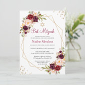 Blush Burgundy Red Floral Geometric Bat Mitzvah Einladung (Stehend Vorderseite)