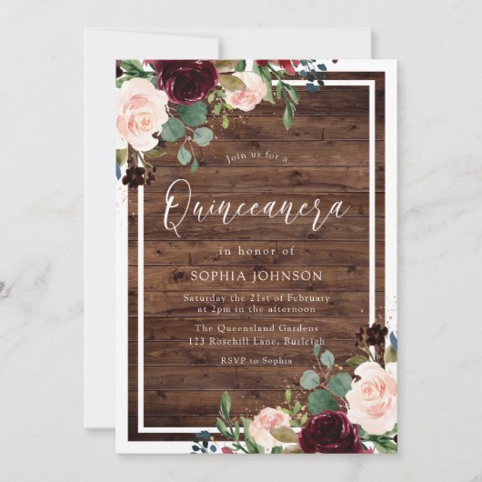 Blush Burgundy Red Floral Rustic Wood Quinceanera Einladung (Vorderseite)