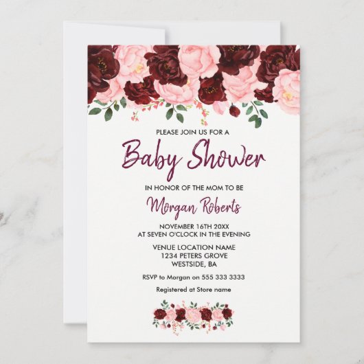 Blush Burgundy Rose Baby Shower Script einladen Einladung (Vorderseite)