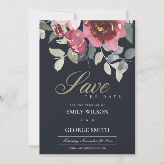 BLUSH BURGUNDY ROSE FLORA SAVE THE DATE KARTE (Vorderseite)