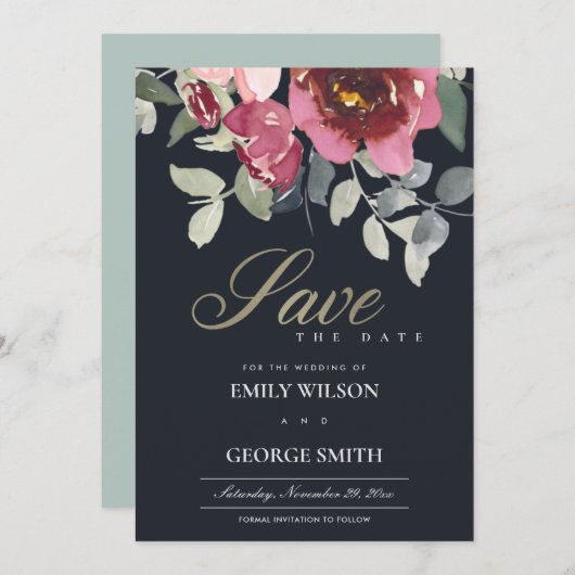 BLUSH BURGUNDY ROSE FLORA SAVE THE DATE KARTE (Vorne/Hinten)