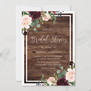 Blush & Burgundy Rote Blume Rustikales Brautparty Einladung