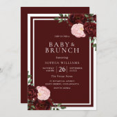 Blush & Burgundy Rote Rosen Babydusche Brunch Einladung (Vorne/Hinten)
