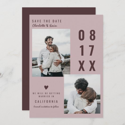Blush burgundy Save the Date Hochzeit 2 Fotos (Vorne/Hinten)