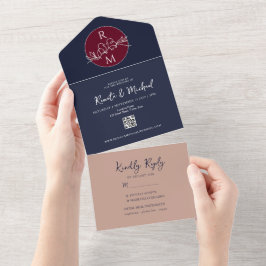 Blush Burgundy und Navy Blue Wedding All In One Einladung