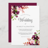 Blush Burgundy Wasserfarben Herbstblütenhochzeit Einladung (Vorne/Hinten)