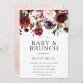 Blush Burgundy Watercolor Babydusche & Brunch Einladung (Vorne/Hinten)