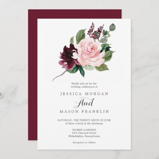 Blush Burgundy Wedding Einladung (Vorne/Hinten)