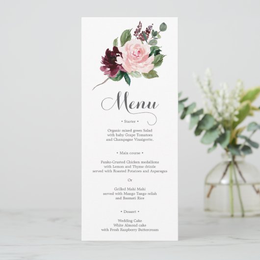 Blush Burgundy Wedding Menu oder Brautparty Menu Einladung (Stehend Vorderseite)