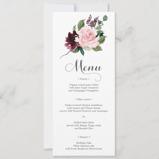 Blush Burgundy Wedding Menu oder Brautparty Menu Einladung (Vorderseite)