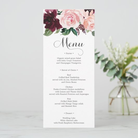 Blush Burgundy Wedding Menu oder Brautparty Menu Einladung (Stehend Vorderseite)
