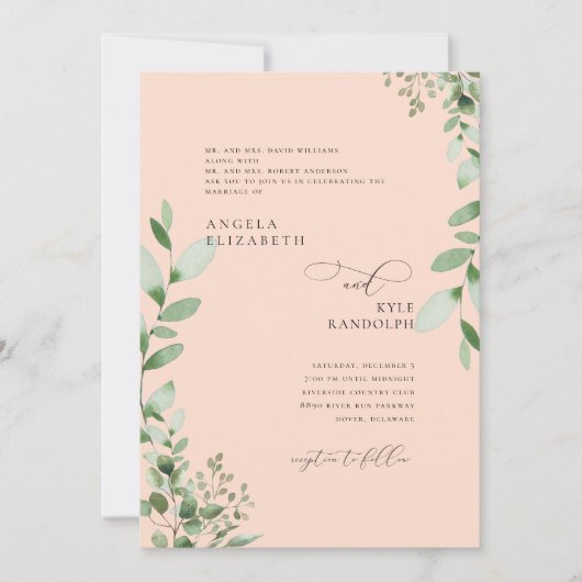 Blush Cascading Greenerity Wedding Beide Eltern In Einladung (Vorderseite)