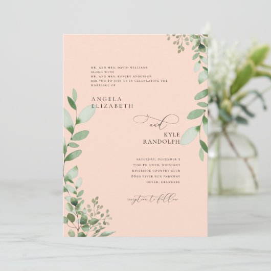 Blush Cascading Greenerity Wedding Beide Eltern In Einladung (Stehend Vorderseite)