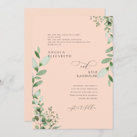 Blush Cascading Greenerity Wedding Beide Eltern In Einladung (Vorne/Hinten)