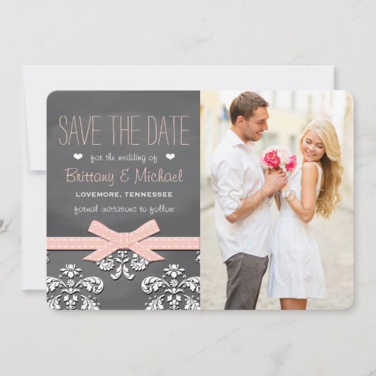 Blush Chalkboard Spitze und Bow Save the Date Card (Vorderseite)