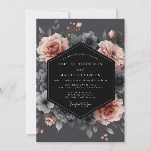 Blush Charcoal Somber Flora Wedding Einladung (Vorderseite)