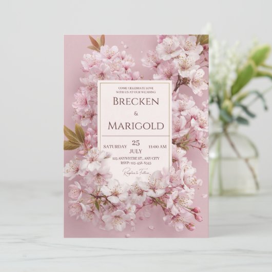 Blush Cherry Blossom Wedding Einladung (Stehend Vorderseite)
