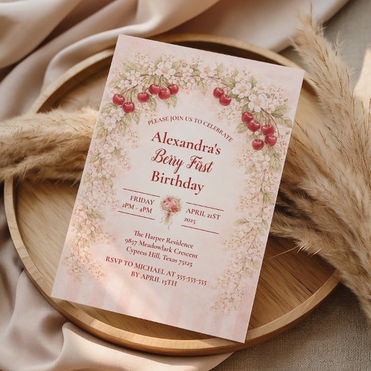 Blush Cherry Botanical Party 1st Birthday Einladung