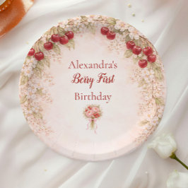 Blush Cherry Botanical Party 1st Birthday Pappteller