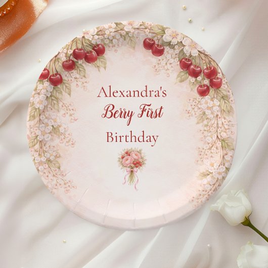 Blush Cherry Botanical Party 1st Birthday Pappteller