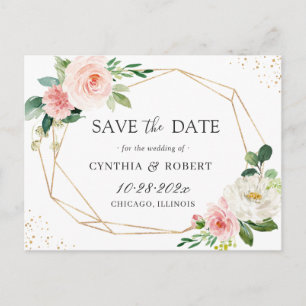 Blush Chic Floral Gold Geometric Save the Date Postkarte
