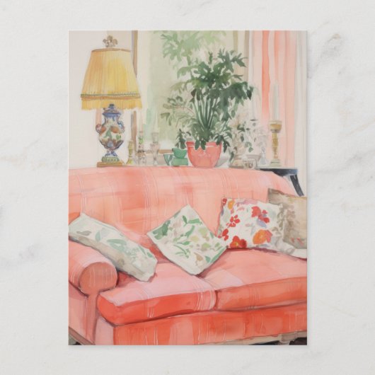 Blush Comfort – Watercolor Pink Couch Living Room Postkarte (Vorderseite)