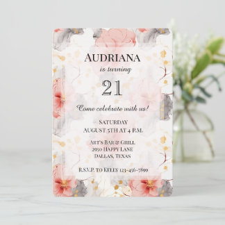 Blush Coral Gray Floral Geburtstag Einladung