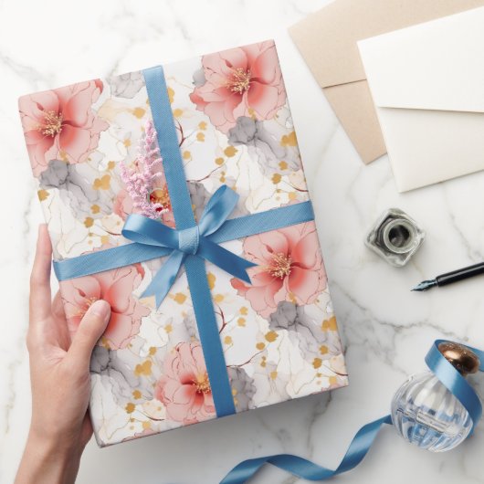Blush Coral Gray Floral Wedding Geschenkpapier (Schenken)