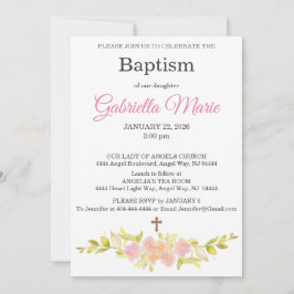 Blush Coral Watercolor Cross Baptism  Einladung