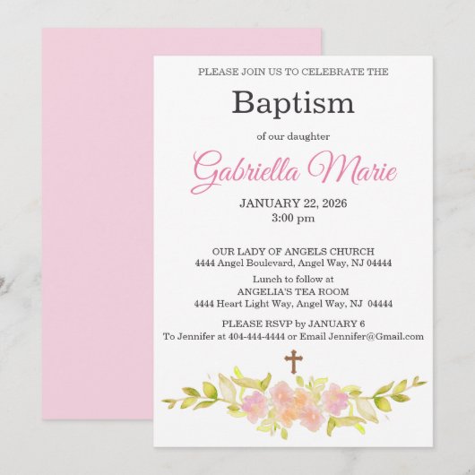 Blush Coral Watercolor Cross Baptism  Einladung (Vorne/Hinten)