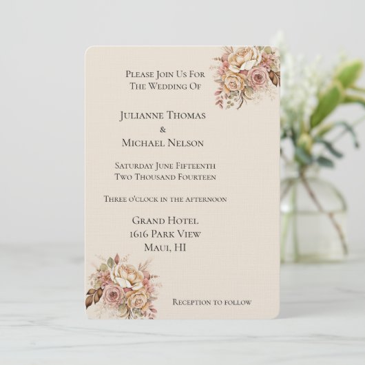 Blush Cream Boho Floral Wedding Einladung (Stehend Vorderseite)