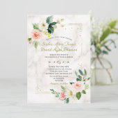 Blush Cream Floral Gold Glitzer Marmorhochzeit Einladung (Stehend Vorderseite)