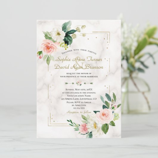 Blush Cream Floral Gold Glitzer Marmorhochzeit Einladung (Stehend Vorderseite)