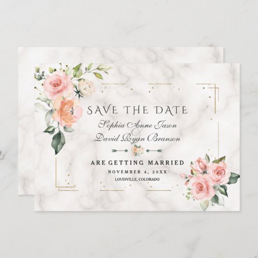 Blush Cream Floral Gold Glitzer Marmorhochzeit Save The Date (Vorne/Hinten)