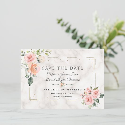 Blush Cream Floral Gold Glitzer Marmorhochzeit Save The Date (Stehend Vorderseite)