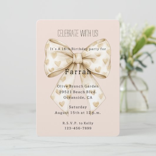 Blush Cream Hearts Bow Gold Glitter Birthday Einladung (Stehend Vorderseite)