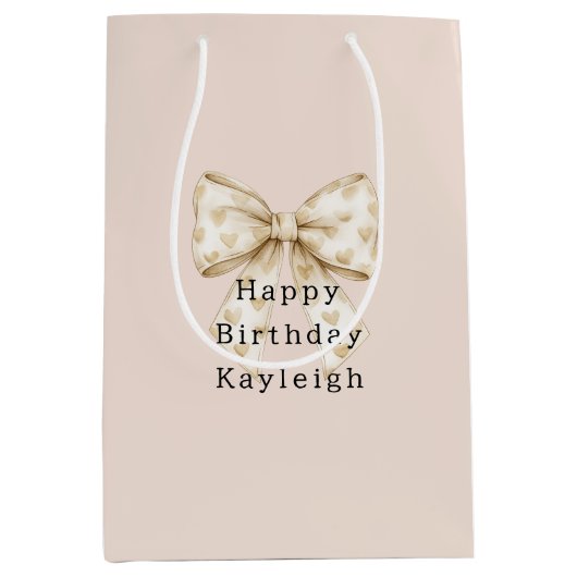 Blush Cream Hearts Bows Birthday Mittlere Geschenktüte (Vorderseite)