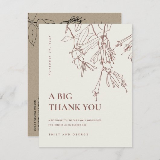 BLUSH CREAM LINE ZEICHNEND BLUMENFLÄCHE DANKEN ANKÜNDIGUNGSPOSTKARTE (Vorne/Hinten)