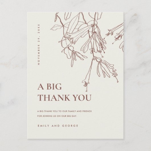 BLUSH CREAM LINE ZEICHNEND BLUMENFLÄCHE DANKEN ANKÜNDIGUNGSPOSTKARTE (Vorderseite)