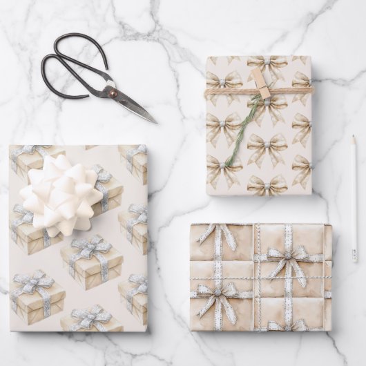 Blush Cream Silver Sparkle Bows Gifts Christmas Geschenkpapier Set (Vorderseite)