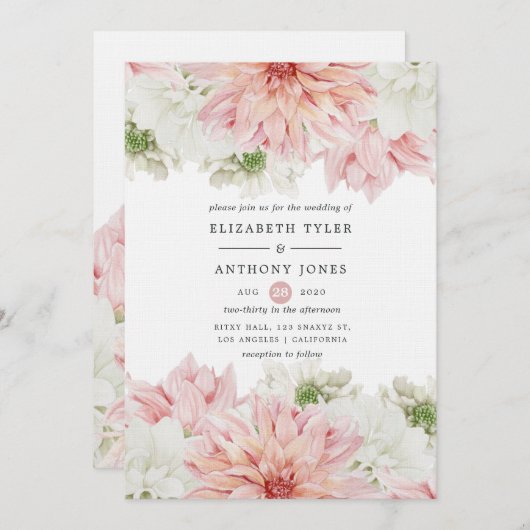 Blush Dahlias Floral Wedding Einladung (Vorne/Hinten)
