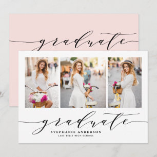 Blush Dainty Script Drei-Foto-Graduierungspartei Einladung
