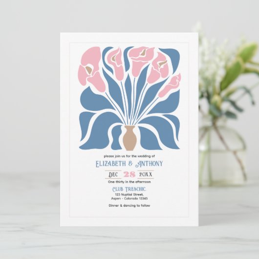 Blush & Denim Clay Abstract Floral Boho Wedding Einladung (Stehend Vorderseite)