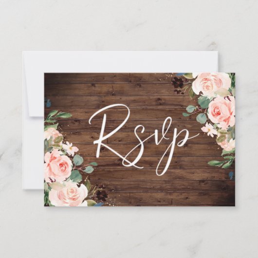 Blush Dreams: Blush Blume & Rustic Wood Wedding RSVP Karte (Vorderseite)